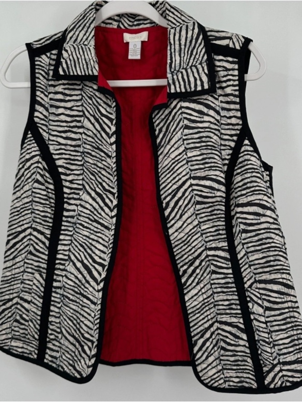 Chico's Zebra-Print Quilted Vest with Red Interior